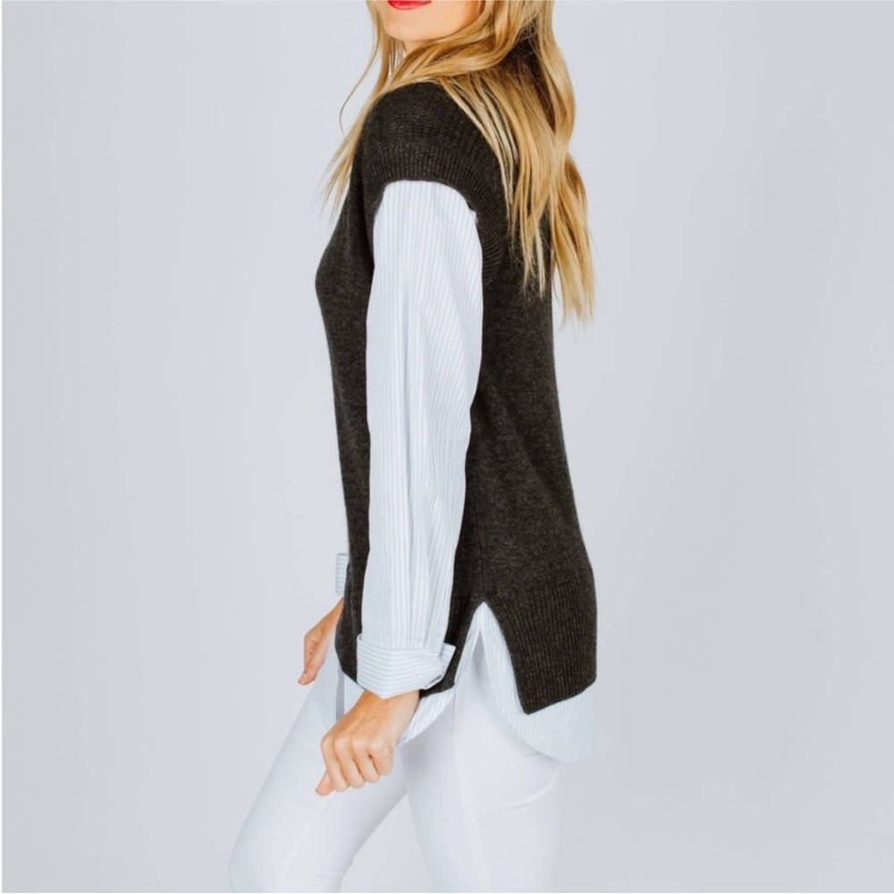 BROCHU WALKER Grey Gray V Neck Sweater Vest Blue White pinstripe collar blouse M - Picture 3 of 13